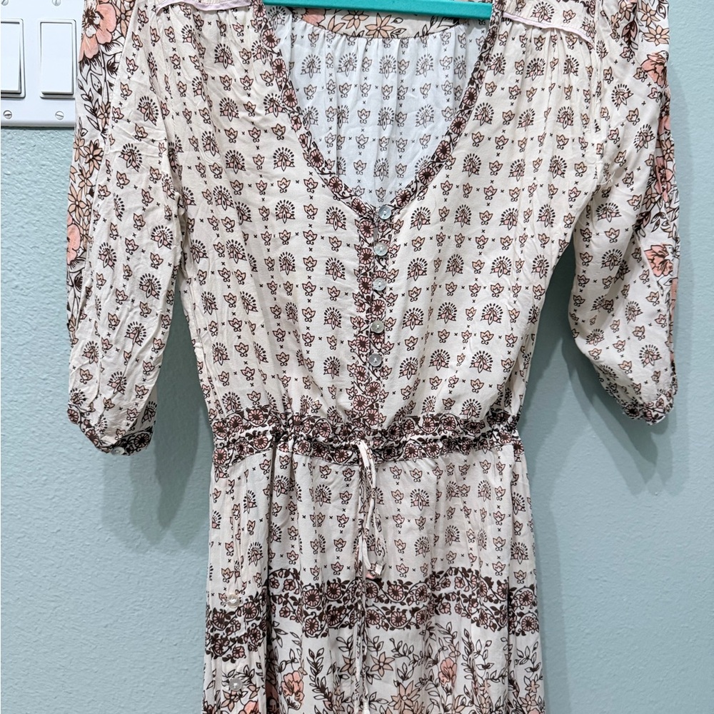 Spell Cream and Brown Floral Midi Dress with Pink Accents